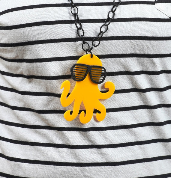 Canary Yellow Octopus Necklace,plexiglass Octopus With 80s Slot Glasses,lasercut Acrylic,gifts Under 25